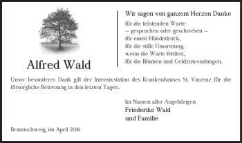 Traueranzeige von Alfred Wald von Braunschweiger Zeitung