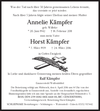 Traueranzeige von Annelie Kämpfer Horst Kämpfer von Helmstedter Nachrichten