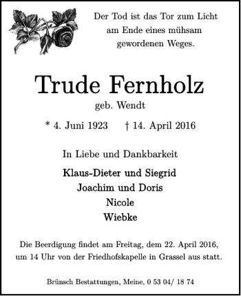 Traueranzeige von April und geb. Wendt von Helmstedter Nachrichten