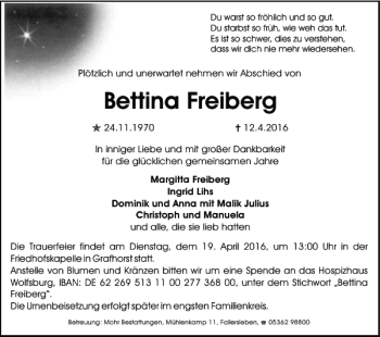 Traueranzeige von Bettina Freiberg von Wolfsburger Nachrichten