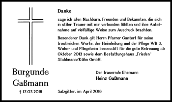 Traueranzeige von Burgunde Gaßmann von Salzgitter Zeitung