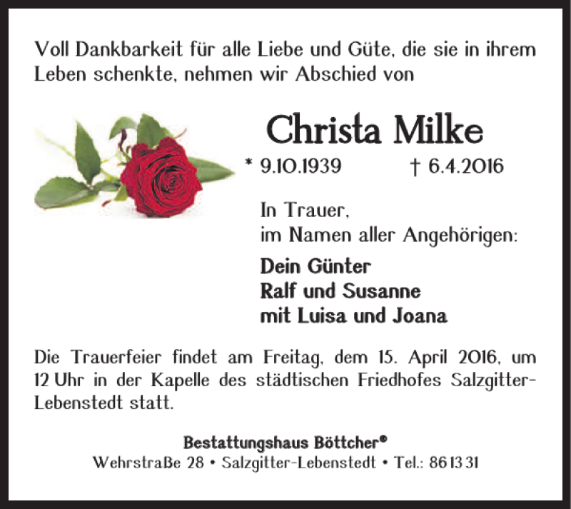 Traueranzeigen von Christa Milke trauer38.de
