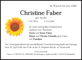 Traueranzeige von Christine Faber von Braunschweiger Zeitung