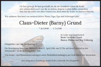 Traueranzeige von Claus-Dieter Barny Grund von Helmstedter Nachrichten