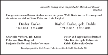 Traueranzeige von Dieter Kaske geb. Dahle von Braunschweiger Zeitung