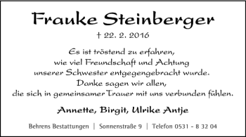 Traueranzeige von Frauke Steinberger von Braunschweiger Zeitung