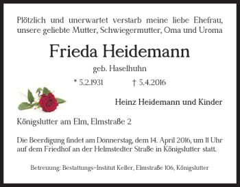 Traueranzeige von Frieda Heidemann von Helmstedter Nachrichten