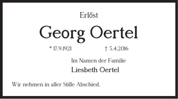 Traueranzeige von Georg Oertel von Helmstedter Nachrichten