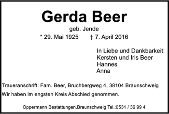 Traueranzeige von Gerda Beer von Braunschweiger Zeitung