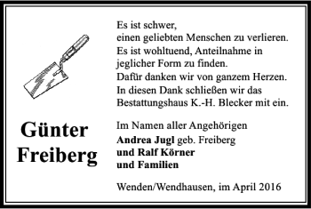 Traueranzeige von Günter Freiberg von Braunschweiger Zeitung