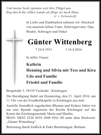 Traueranzeige von Günter Wittenberg von Braunschweiger Zeitung