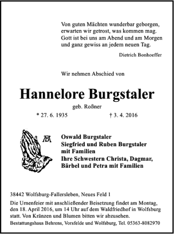 Traueranzeige von Hannelore Burgstaler von Wolfsburger Nachrichten