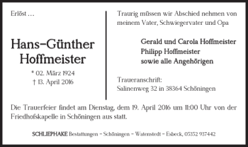 Traueranzeige von Hans-Günther Hoffmeister von Helmstedter Nachrichten