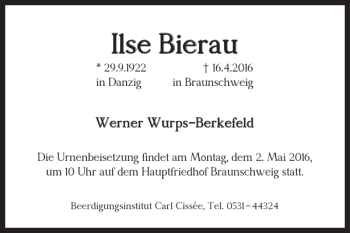 Traueranzeige von Ilse Bierau von Braunschweiger Zeitung