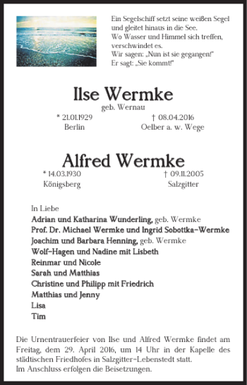 Traueranzeige von Ilse Wermke Alfred Wermke von Salzgitter Zeitung