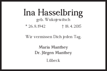 Traueranzeige von Ina Hasselbring von Salzgitter Zeitung