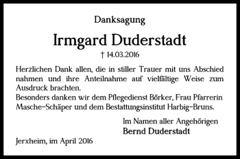 Traueranzeige von Irmgard Duderstadt von Helmstedter Nachrichten