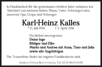 Traueranzeige von Karl-Heinz Kalles von Braunschweiger Zeitung