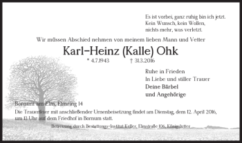 Traueranzeige von Karl-Heinz Kalle Ohk von Helmstedter Nachrichten