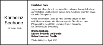 Traueranzeige von Karlheinz Seebode von Wolfenbütteler Zeitung