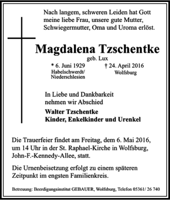 Traueranzeige von Magdalena Tzschentke von Wolfsburger Nachrichten