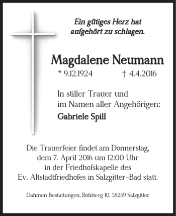 Traueranzeige von Magdalene Neumann von Salzgitter Zeitung