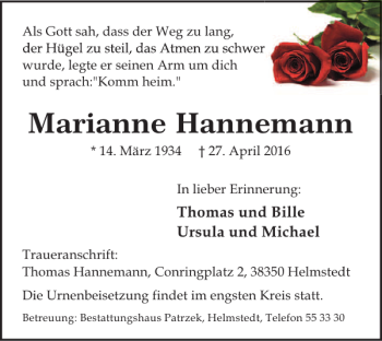 Traueranzeige von Marianne Hannemann von Helmstedter Nachrichten
