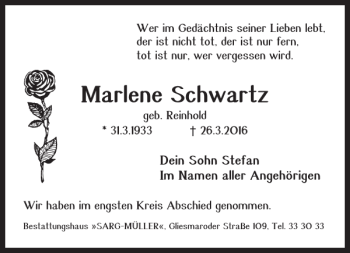Traueranzeige von Marlene Schwartz von Braunschweiger Zeitung