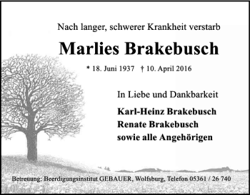 Traueranzeige von Marlies Brakebusch von Wolfsburger Nachrichten