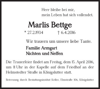 Traueranzeige von Marlis Bettge von Helmstedter Nachrichten
