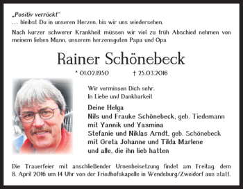 Traueranzeige von Rainer Schõnebeck von Peiner Nachrichten