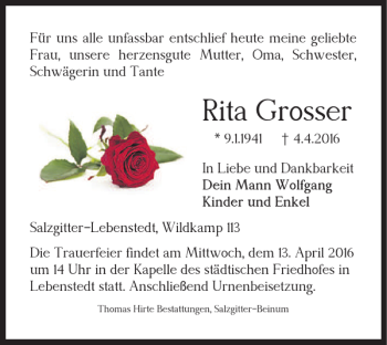 Traueranzeige von Rita Grosser von Salzgitter Zeitung