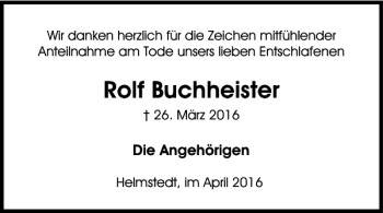 Traueranzeige von Rolf Buchheister von Helmstedter Nachrichten