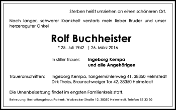 Traueranzeige von Rolf Buchheister von Helmstedter Nachrichten