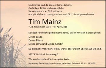 Traueranzeige von Tim Mainz von Helmstedter Nachrichten