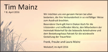 Traueranzeige von Tim Mainz von Helmstedter Nachrichten