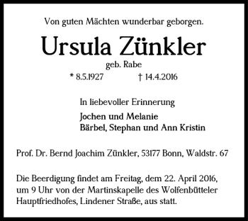 Traueranzeige von Ursula Zünkler von Wolfenbütteler Zeitung
