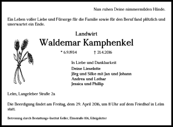 Traueranzeige von Waldemar Kamphenkel von Helmstedter Nachrichten
