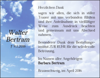Traueranzeige von Walter Bertram von Braunschweiger Zeitung