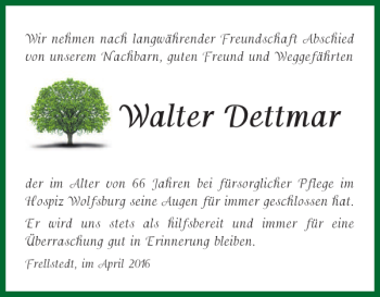 Traueranzeige von Walter Dettmar von Helmstedter Nachrichten