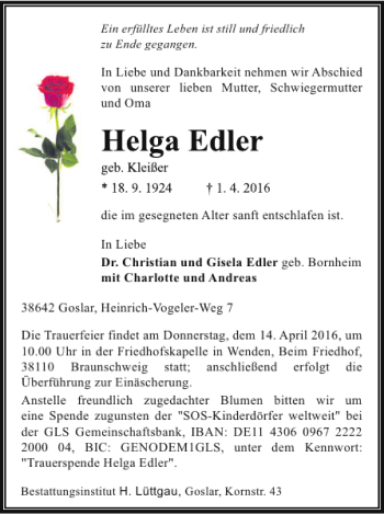 Traueranzeige von im Alter sanft entschlafen ist.Goslar Heinrich-Vogeler-Weg  von Helmstedter Nachrichten