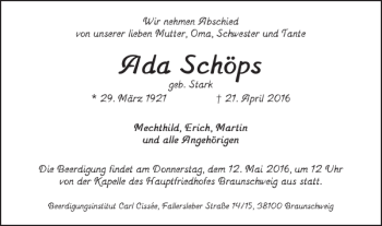 Traueranzeige von Ada Schöps von Braunschweiger Zeitung