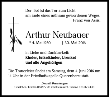 Traueranzeige von Arthur Neubauer von Helmstedter Nachrichten