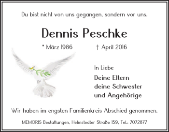Traueranzeige von Dennis Peschke von Braunschweiger Zeitung