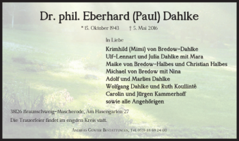 Traueranzeige von Dr. phil. Eberhard Paul Dahlke von Braunschweiger Zeitung