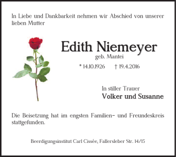 Traueranzeige von Edith Niemeyer von Braunschweiger Zeitung