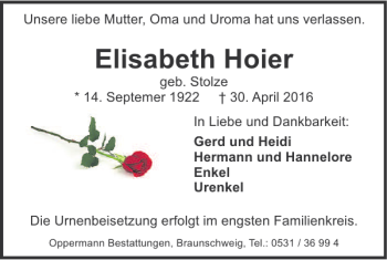 Traueranzeige von Elisabeth Hoier von Braunschweiger Zeitung