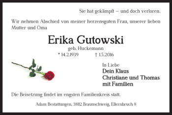 Traueranzeige von Erika Gutowski von Braunschweiger Zeitung