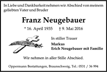 Traueranzeige von Franz Neugebauer von Braunschweiger Zeitung