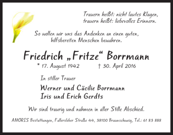 Traueranzeige von Friedrich Fritze Borrmann von Braunschweiger Zeitung